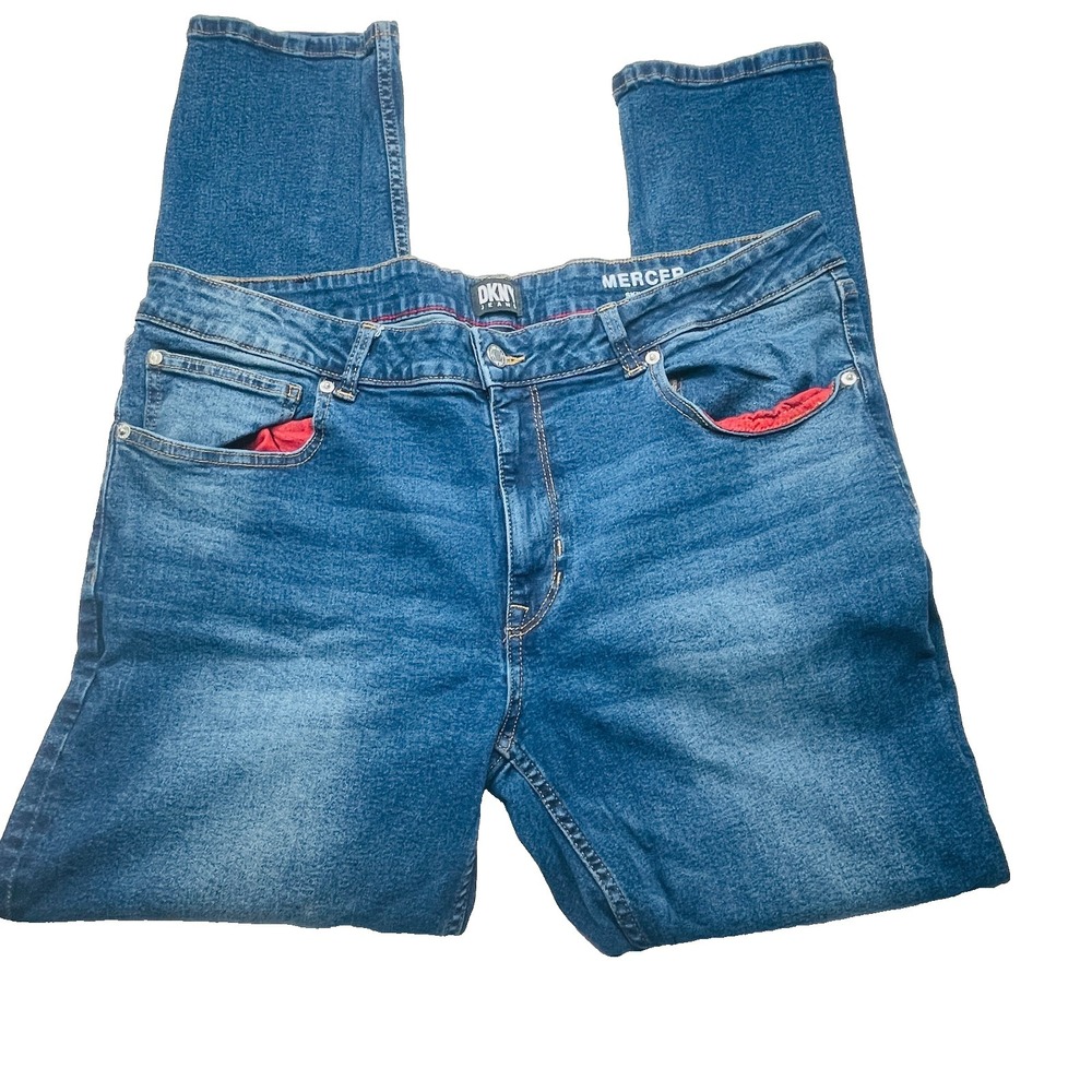 DKNY Men's 38x32 Medium Blue Mercer Skinny Fit‎ Stretch Jeans Red Accent